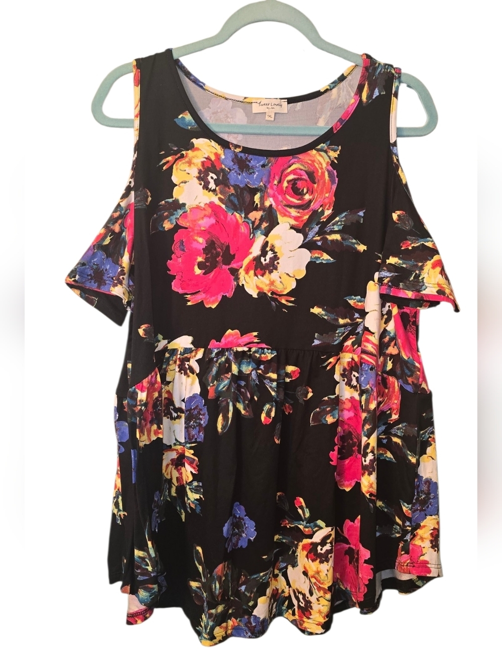 Floral Cold-Shoulder Tunic in Black with Pink, Yellow & Blue Blooms
